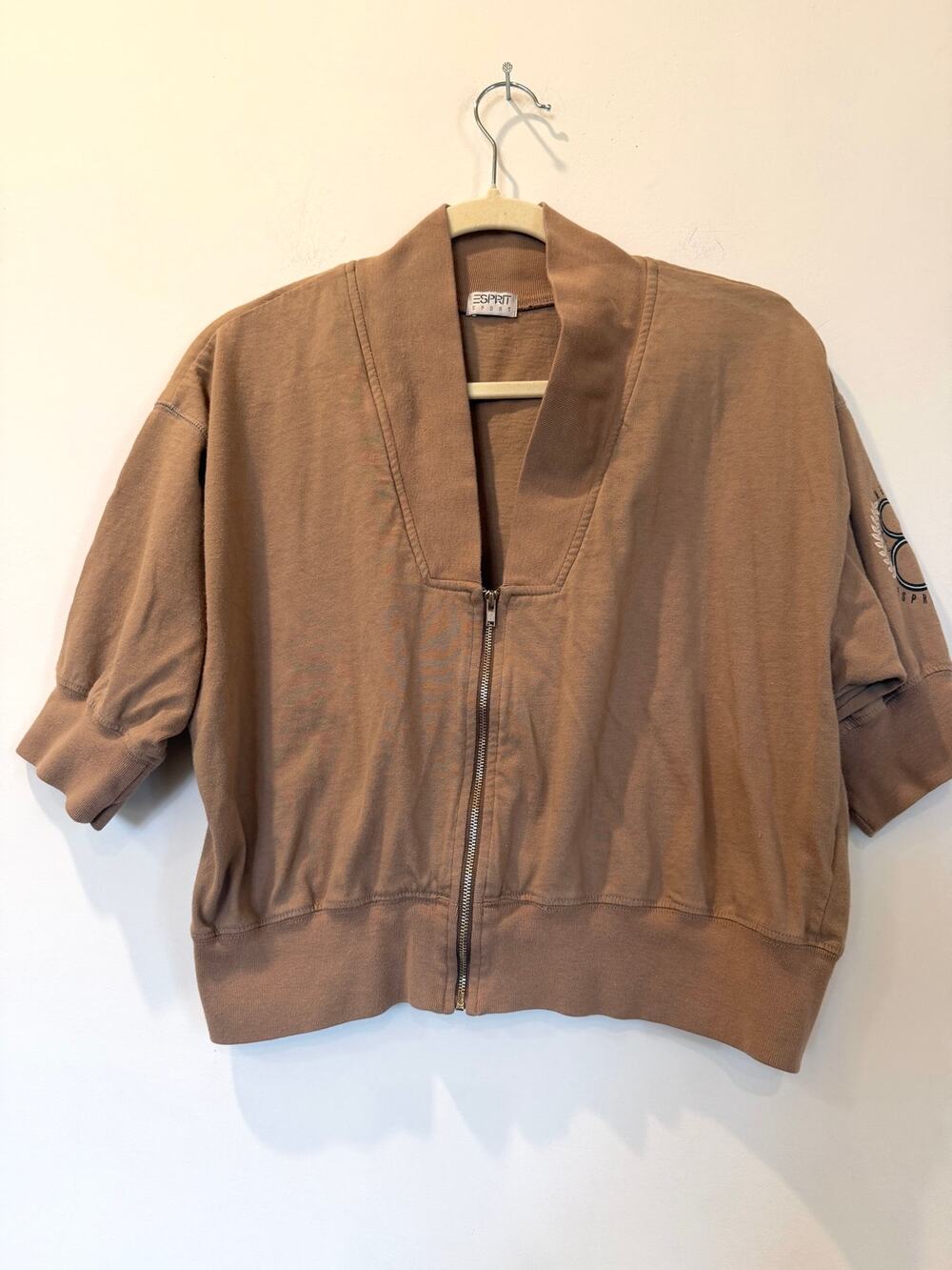 Vtg Esprit 100% cotton cropped short sleeve zip jacket sweatshirt brown M Deep V